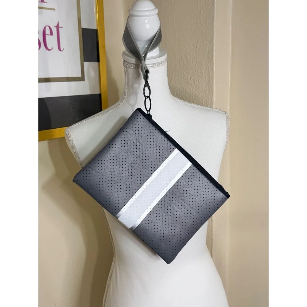 Haute‎ Shore Grey Perforated Neoprene Wristlet Clutch Bag with Racing Stripe
